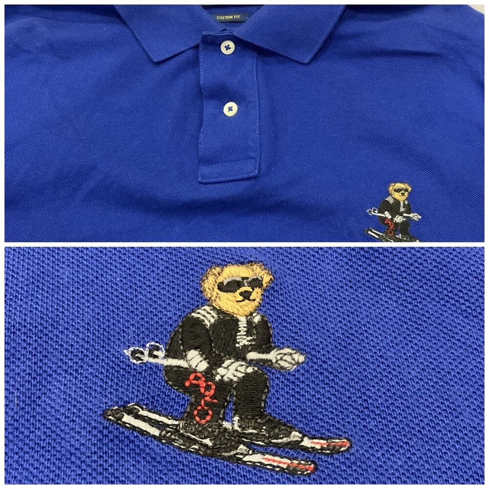 Y2k Polo Ralph Lauren Shirt XL Skiing Bear Logo Royal Blue Custom Fit Bear Logo